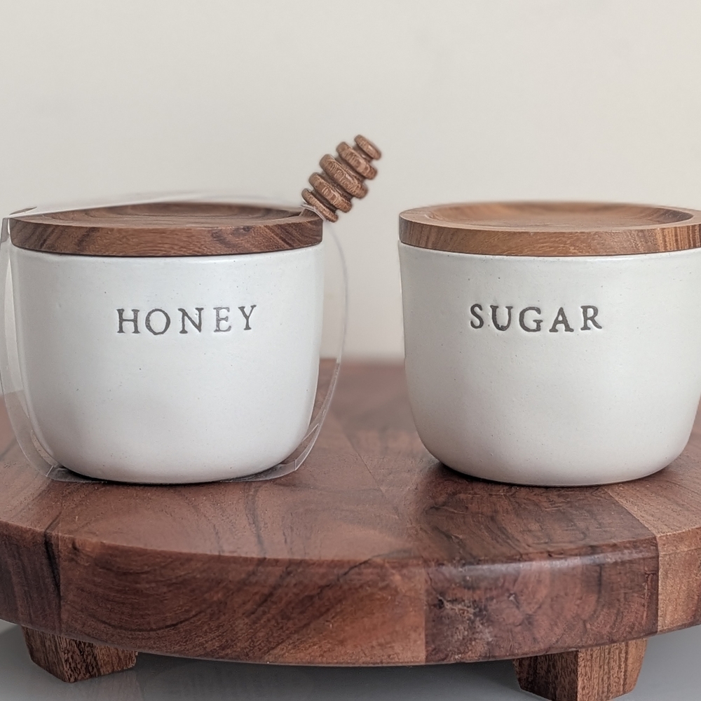 Hearth & Hand White Ceramic Honey and Sugar Jars with Wooden Lids